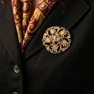 Gold Floral Crystal Brooch Pin for Women 1-3/4 inch diameter